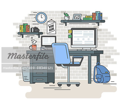Flat line contour illustration of student workplace organization. Empty room interior with grey brick wall, bookshelfs, work desk with computer and laptop, chair, school bagt. Isolated background