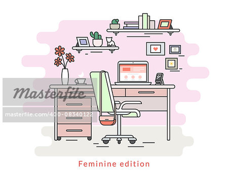 Flat line contour illustration of feminine workplace organization. Empty room interior with rose wall, bookshelfs, work desk with laptop, chair, fashion bag and flowers on the table. Isolated background