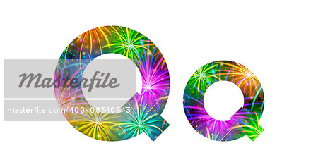 Set of English letters signs uppercase and lowercase Q, stylized colorful holiday firework with stars and flares, elements for web design. Eps10, contains transparencies. Vector
