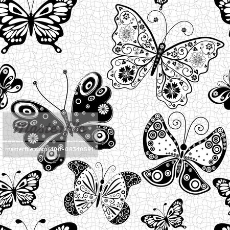 Seamless white pattern with silhouettes black-white butterflies, vector eps10