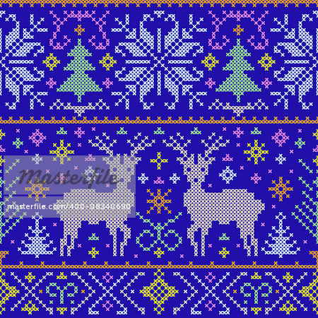 Vector illustration of christmas seamless pattern with deers, trees and snowflakes