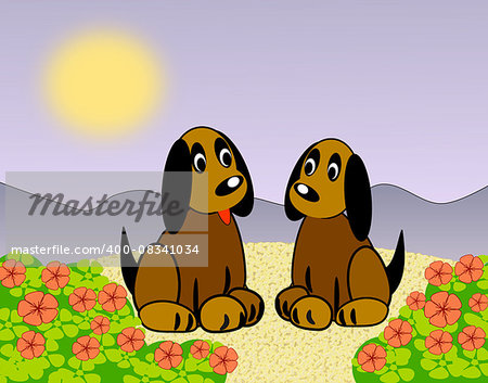 Two dogs sitting together in a flower garden.