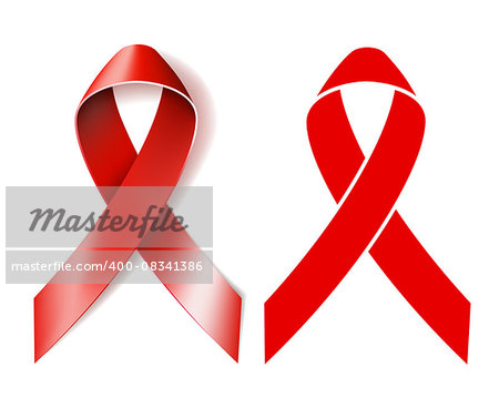 AIDS awareness ribbon. Realistic red ribbon and Silhouette red ribbon isolated on white background. Vector illustration