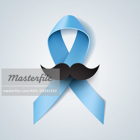 Prostate cancer ribbon awareness. Light blue ribbon with mustache. Vector illustration