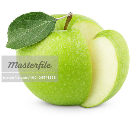 Ripe green apple with leaf and cut isolated on white background with clipping path