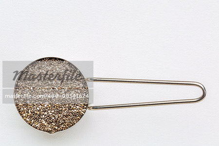 chia seeds in metal measuring coop against white art canvas with a copy space