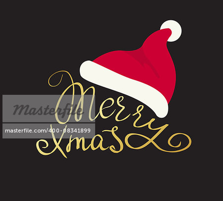 Merry Christmas golden handmade lettering inscription with swirls Santa red hat isolated on black background. Design for xmas greeting card
