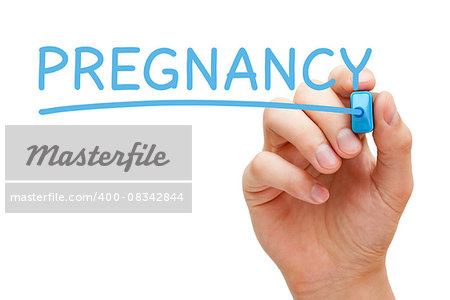 Hand writing Pregnancy with blue marker on transparent wipe board isolated on white background.