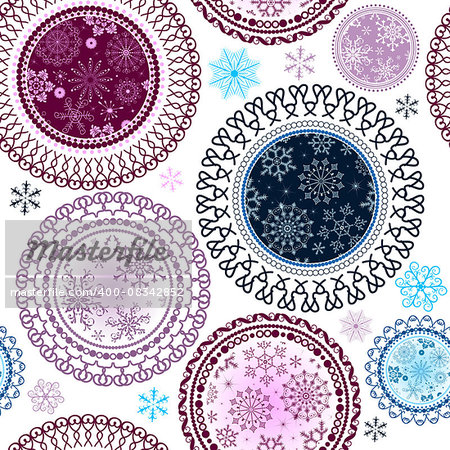 Seamless white christmas pattern with snowflakes and snow colorful balls, vector