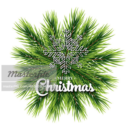 Merry Christmas lettering card with pine branch and snowflake. Vector illustration. New Year holiday concept for club or party flyer. Isolated Ccristmas decoration.