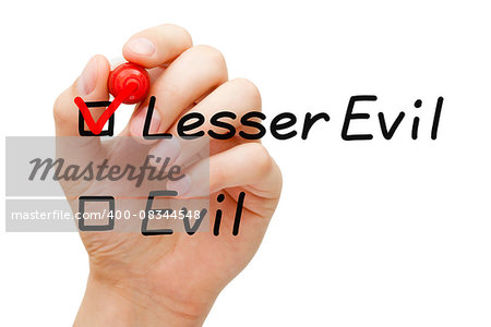 Hand putting check mark with red marker on Lesser Evil.