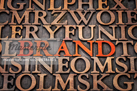 brand word abstract in wood type printing blocks stained by red ink