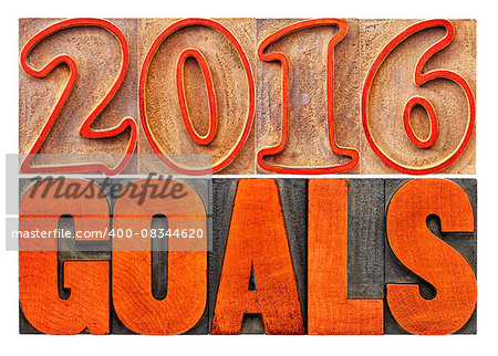 2016 goals banner - New Year resolution concept - isolated text in vintage letterpress wood type printing blocks stained by red ink