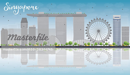 Singapore skyline with grey landmarks, blue sky and reflections. Business travel and tourism concept with place for text. Image for presentation, banner, placard and web site. Vector illustration