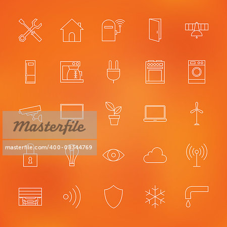 Smart Home Technology Line Icons Set. Vector Set of Modern House Electronics Thin Line Icons for Web and Mobile over Orange Blurred Background.