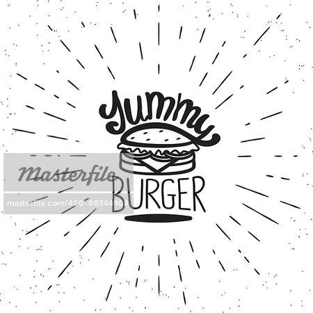 Yummy burger vintage label in hipster style with sunburst. Hand drawn lettering quote on white background  for restaurants and fast food cafe posters and banners