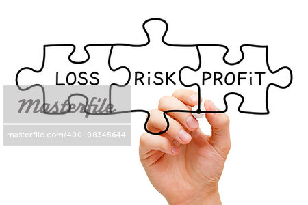 Hand drawing Risk Loss Profit puzzle concept with black marker on transparent wipe board isolated on white.