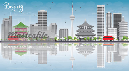 Beijing Skyline with Gray Buildings, Blue Sky and Reflections. Vector Illustration. Business travel and tourism concept with copy space. Image for presentation, banner, placard and web site.