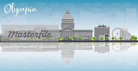 Olympia (Washington) Skyline with Grey Buildings, Blue Sky and reflections. Vector Illustration