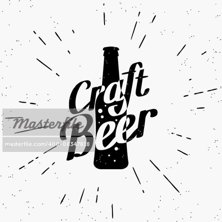 Craft beer black and white label of bottle with lettering and starburst in hipster style isolated on grunge background. Template for poster or oktoberfest party