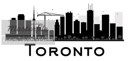 Toronto City skyline black and white silhouette. Vector illustration. Simple flat concept for tourism presentation, banner, placard or web site. Business travel concept. Cityscape with landmarks