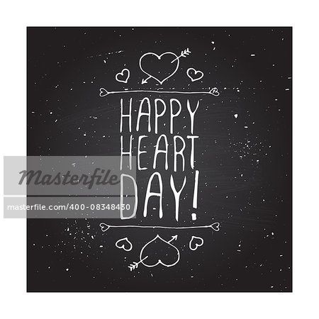 Saint Valentines day greeting card.  Happy Heart day. Typographic banner with text and hearts on chalkboard background. Vector handdrawn badge.