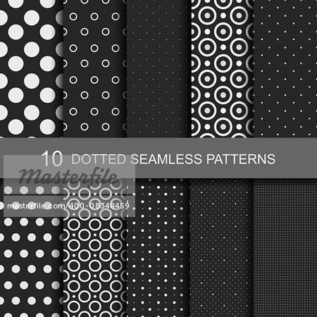 Collection of black seamless patterns with circles and dots.