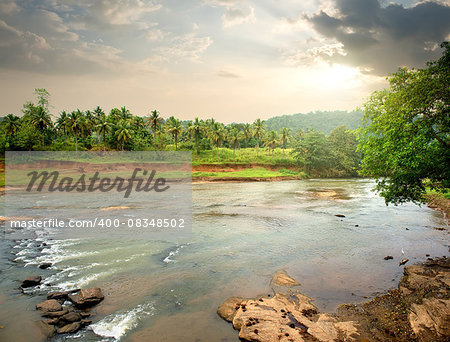 River in jungle of Sri Lanka at sunset