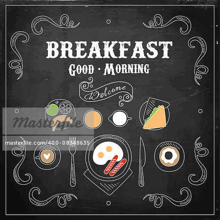 Chalk on blackboard Breakfast Menu Poster. Vector Illustration