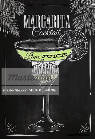 Margarita cocktail in vintage style stylized drawing with chalk on blackboard