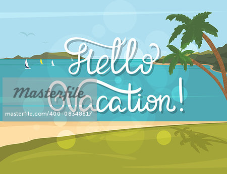 Hello vacation vintage banner with handwritten lettering and summer tropical beach, palms and blue sea