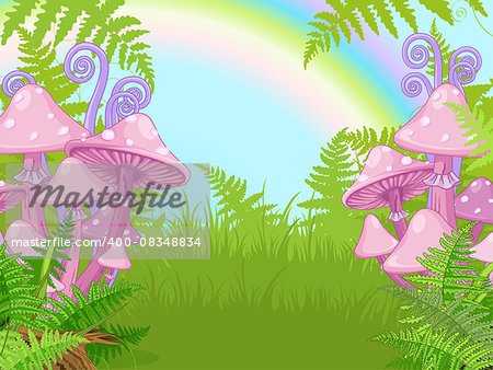 Fantasy landscape with mushrooms, fern, rainbow