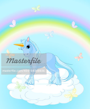 Illustration of standing beautiful unicorn on magic background