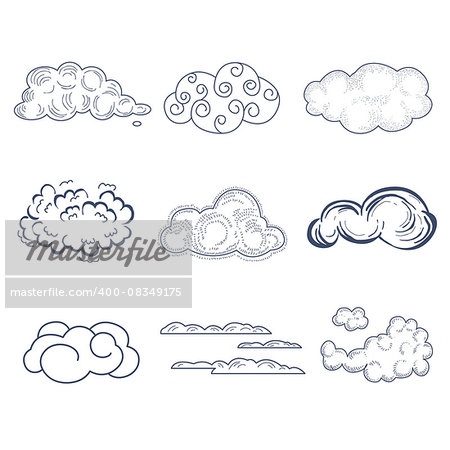 Handdrawn Cloud Collection. Black and White Vector Illustration