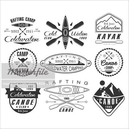 Kayak and canoe emblems, badges and design elements vector set
