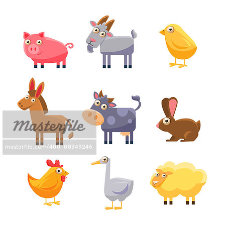 Cute Farm Animal Collection. Vector Illustration Set