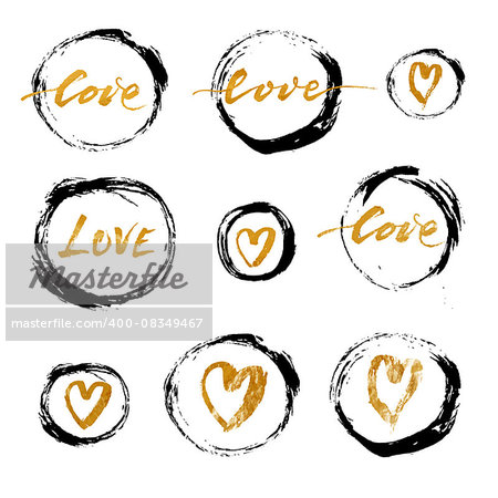 Set of vector grunge ink circles with golden hearts and lettering, vector illustration.