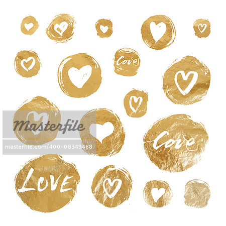 Set of vector gold foil circles with hand drawn hearts and lettering, Valentines Day vector illustration.