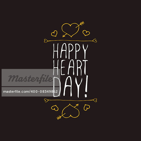 Saint Valentines day greeting card.  Happy Heart day. Typographic banner with text and hearts on black background. Vector handdrawn badge.