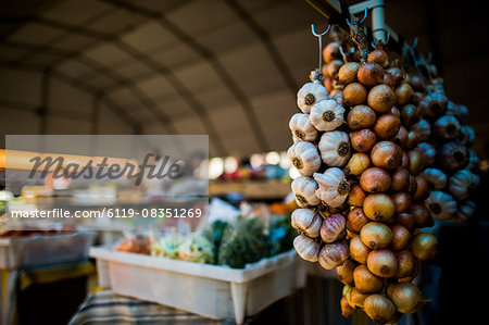 Garlic and onions at market, Portugal, Europe