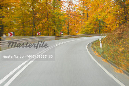 Road View from a Scenic Route in Autumn Forest, Spessart, Franconia, Bavaria, Germany Road View from a Scenic Route in Autumn Forest, Spessart, Franconia, Bavaria, Germany
