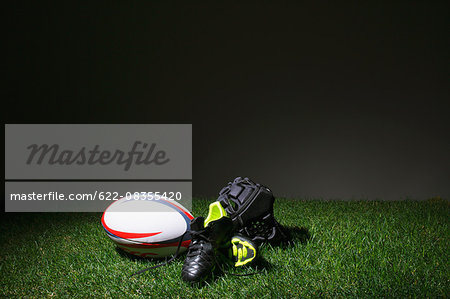 Rugby equipment on grass