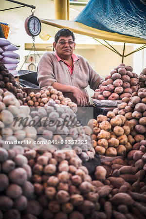 Portrait of potato vendor at his market stall at San Camilo Market (Mercado San Camilo), Arequipa, Peru, South America