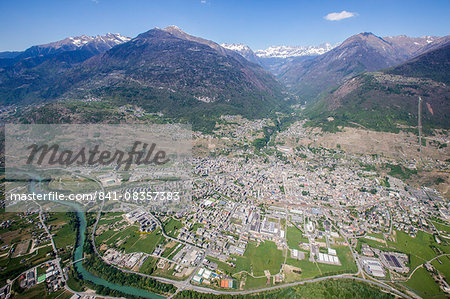 Aerial view of Sondrio and Bernina Group, Lower Valtellina, Lombardy, Italy, Europe