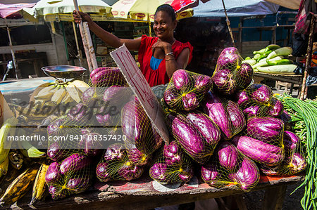 Huge eggplants for sale, Stabroek market, Georgetown, Guyana, South America