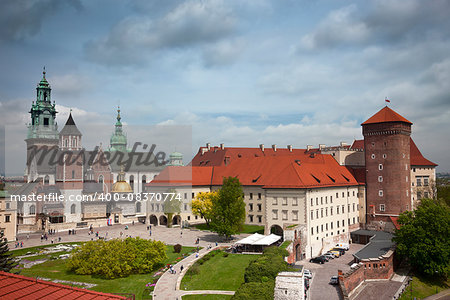 Krakow Wawel castle towers roof view with yard, Poland, Europe