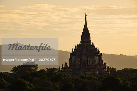 Scenic view of ancient Bagan temple during golden hour, Bagan, Myanmar