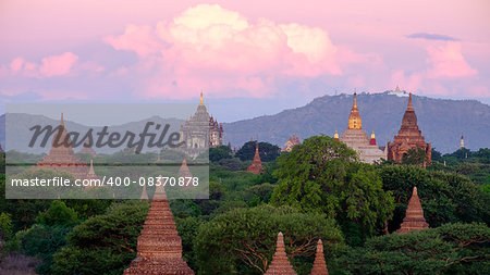 Landscape view of dramatic sunrise with ancient temples, Bagan, Myanmar