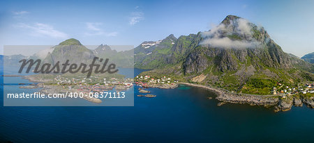 Aerial panorama of scenic fishing village A on Lofoten islands in Norway with traditional red fishing huts