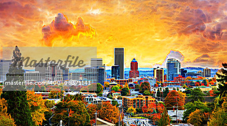 Portland Oregon Downtown City During Sunset in the Fall Season Abtract Painting